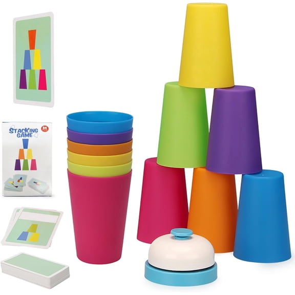 Smartology Battle Stacking Cups Game, Color Sorting Cognitive Training, 54 Cards, 12 Cups, 1 Bell