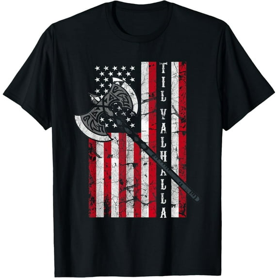 Battle Viking Axe Til Valhalla American Flag T-ShirtMen and women, Black T-shirt, size: Extra large