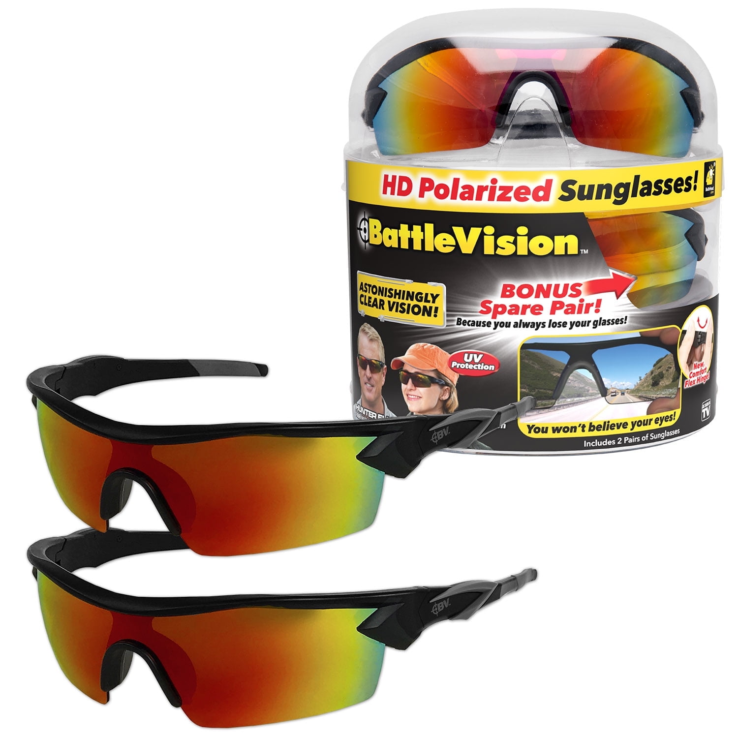 BattleVision Sunglasses As Seen on TV HD Polarized 2 Pairs, Eliminates Glare, Optimize Light & Block Blue Rays, Unisex, Black, One Size