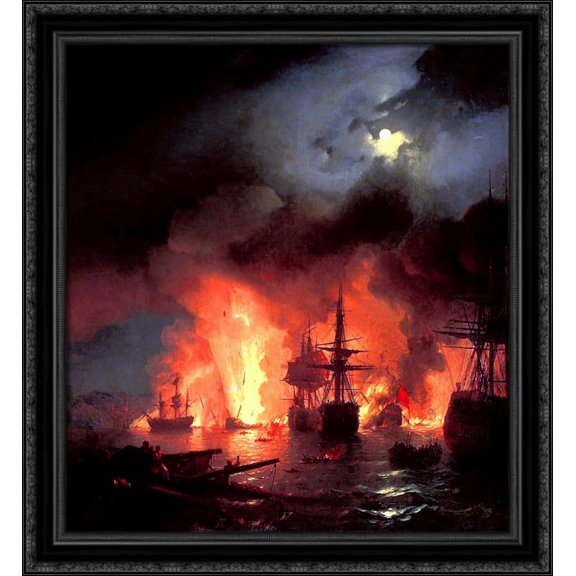Battle of Cesme at Night 28x30 Large Black Ornate Wood Framed Canvas Art by Ivan Aivazovsky