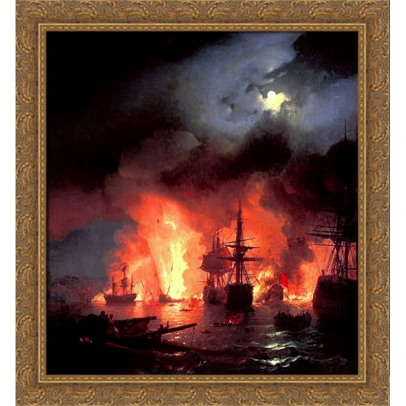 Battle of Cesme at Night 28x30 Large Gold Ornate Wood Framed Canvas Art by Ivan Aivazovsky