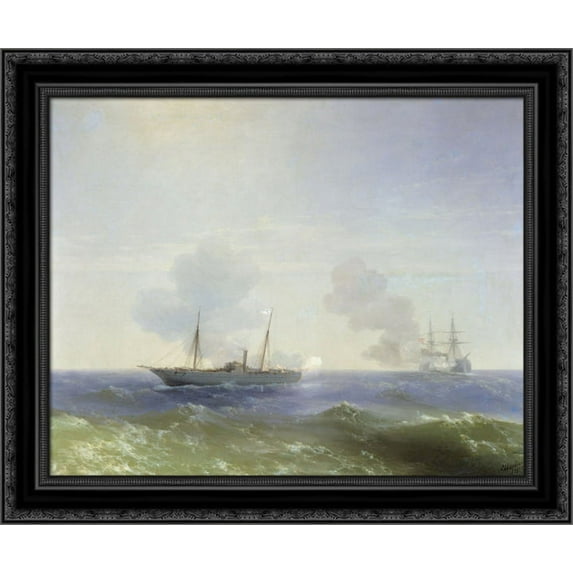 Battle of steamship Vesta and Turkish ironclad 24x20 Black Ornate Wood Framed Canvas Art by Aivazovsky, Ivan