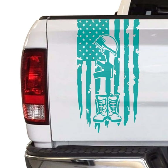 Battlefield Cross Fallen Soldier Tribute Helmet Boots Dog Tags Distressed American USA US Flag Truck Tailgate Vinyl Decal Compatible with Most Pickup Trucks (11" x 20", Turquoise)