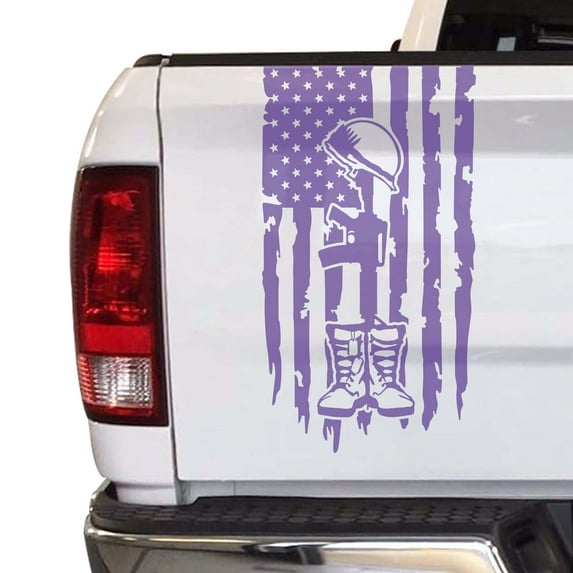 Battlefield Cross Fallen Soldier Tribute Helmet Boots Dog Tags Distressed American USA US Flag Truck Tailgate Vinyl Decal Compatible with Most Pickup Trucks (11" x 20", Lavender)