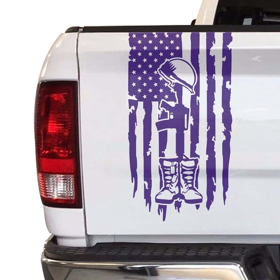 Battlefield Cross Fallen Soldier Tribute Helmet Boots Dog Tags Distressed American USA US Flag Truck Tailgate Vinyl Decal Compatible with Most Pickup Trucks (11" x 20", Purple)