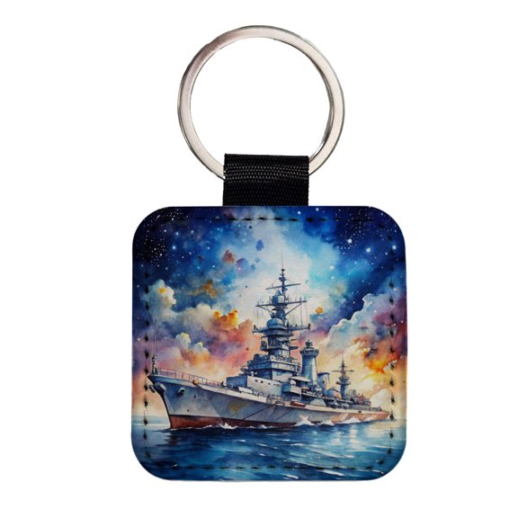 Battleship Under Fantasy Sky Watercolor Faux Leather Square Keychain
