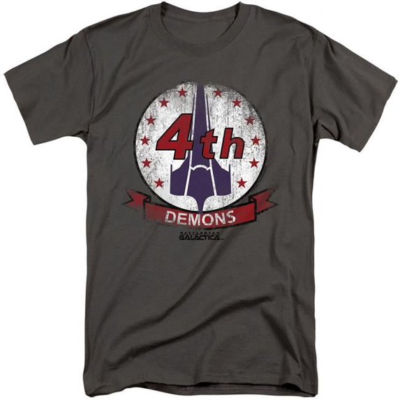 Battlestar Galactica & Demons Badge-Short Sleeve Adult Tall 18-1 T-Shirt, Charcoal - 3X