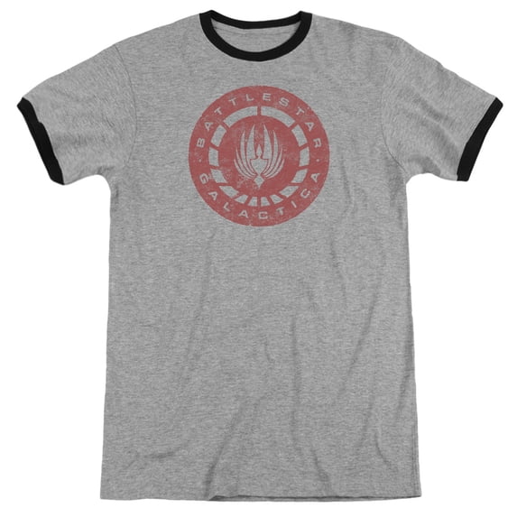 Battlestar Galactica Eroded Logo Adult Ringer T-Shirt-Heather Black