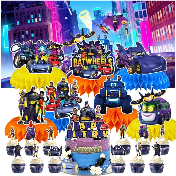 Batwheels Party Decorations Banner Decor Supplies Honeycomb Centerpieces Table Toppers Cake Toppers for Birthday Photo Props