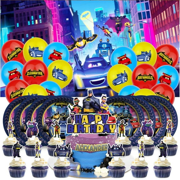 Batwheels Themed Birthday Party Decor Set - Balloons, Paper Plates, Cake Toppers, Tableware & 5x2.3ft Backdrop Banner