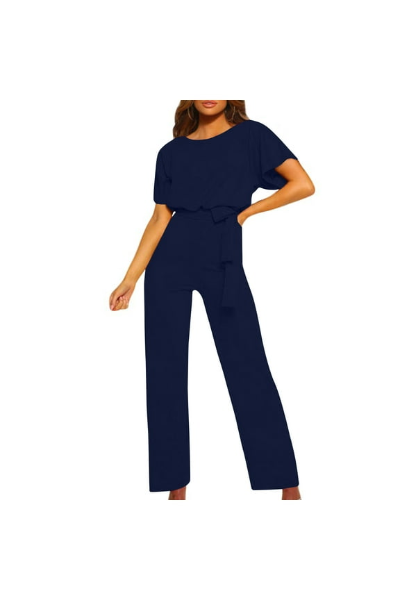 Batwing Jumpsuits for Women Dressy Elegant Belted Waist Straight Leg Romper One Piece Formal Business Party Long Pants