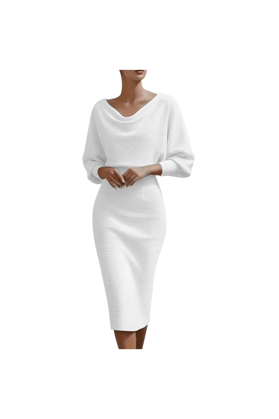 Batwing Long Sleeve Cowl Neck Dress for Women Draped Dressy Business Midi Dress Cocktail Wedding Guest Party Dress