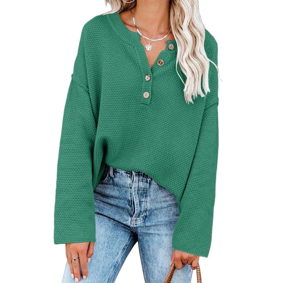 Batwing Long Sleeve Loose Knit Sweater Buttons Pullovers