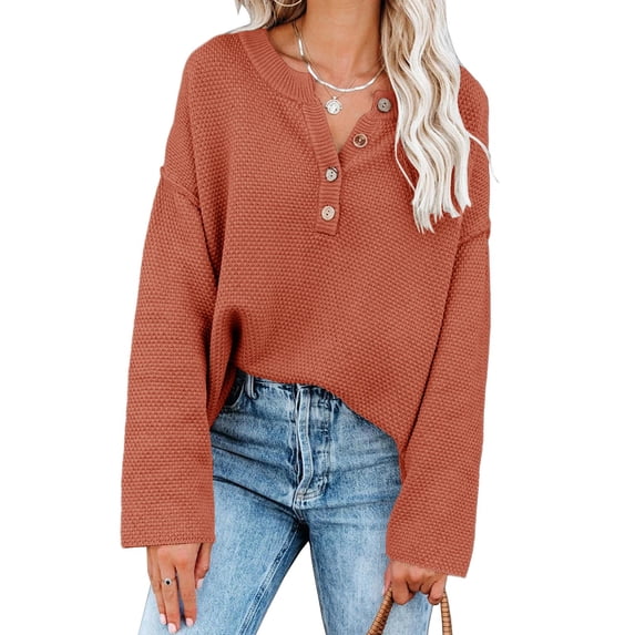 Batwing Long Sleeve Loose Knit Sweater Buttons Pullovers