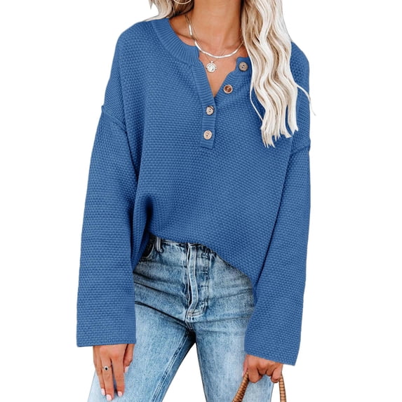 Batwing Long Sleeve Loose Knit Sweater Buttons Pullovers
