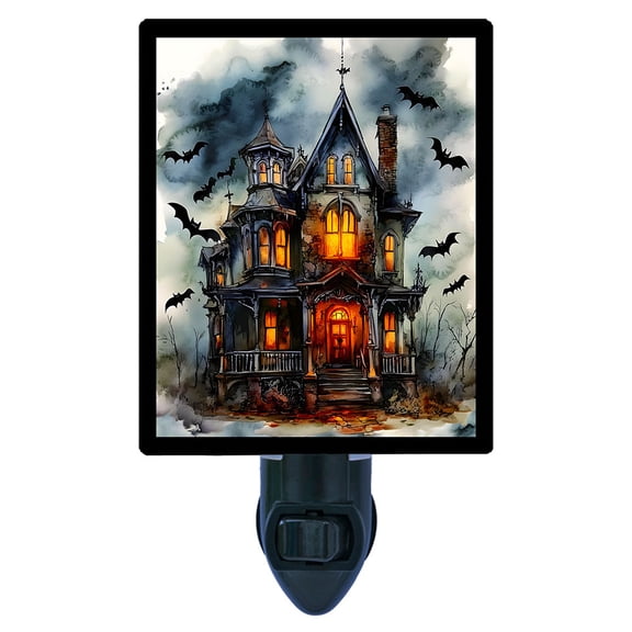 Batwing Manor Night Light  Haunted Victorian House with Glowing Windows and Flying Bats  Includes Free Switchable Insert
