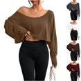 thumbnail image 1 of Batwing Sleeve Boat Neck Tops for Women Off The Shoulder Long Sleeve Cropped Tee Soft Breathable Comfortable Casual Shirts for Workout, #01 Coffee, L, 1 of 7