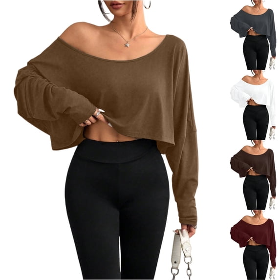 Batwing Sleeve Boat Neck Tops for Women Off The Shoulder Long Sleeve Cropped Tee Soft Breathable Comfortable Casual Shirts for Workout, #01 Coffee, L