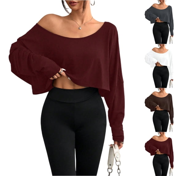 Batwing Sleeve Boat Neck Tops for Women Off The Shoulder Long Sleeve Cropped Tee Soft Breathable Comfortable Casual Shirts for Workout, #01 Wine, XXL