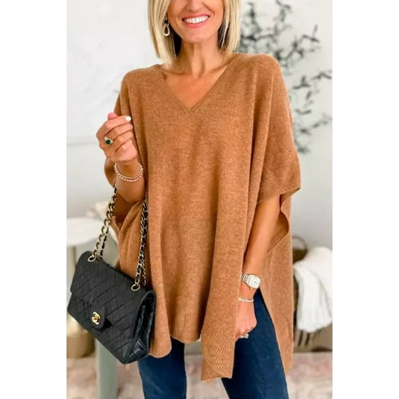 Batwing Sleeve Knit Poncho, V-Neck Oversized Pullover Cape for Women, Elegant Cardigan,S,camel