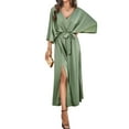 thumbnail image 1 of Batwing Sleeve Long Dress Women Solid Color Split Belted Cocktails Satins Dress, 1 of 16