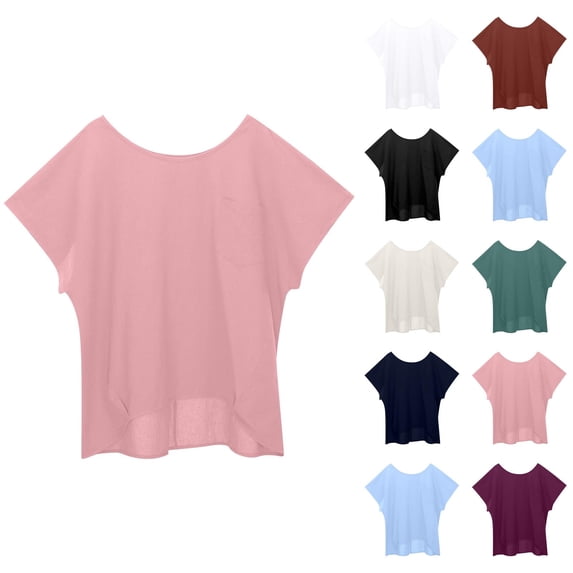 Batwing Sleeve Tops for Women Summer Casual Cotton Linen Lightweight Short Sleeve Crewneck Oversized T Shirts