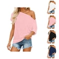 thumbnail image 1 of Batwing Sleeve Tops for Women Summer Casual Short Sleeve Off Shoulder Loose Plain T Shirts Going out Tops, 1 of 5