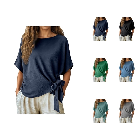 Batwing Tops for Women Summer Short Sleeve Crewneck Tie Waist Loose Blouse Dressy Casual Shirt Elegant Wrap Tops