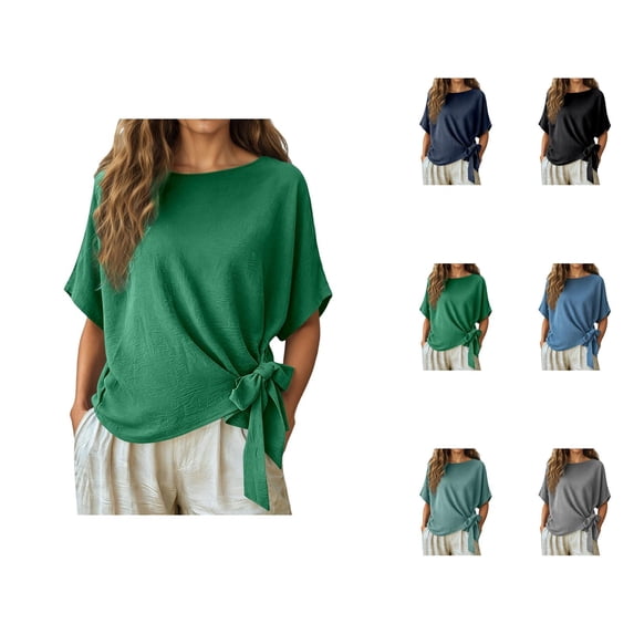 Batwing Tops for Women Summer Short Sleeve Crewneck Tie Waist Loose Blouse Dressy Casual Shirt Elegant Wrap Tops