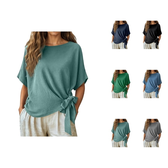 Batwing Tops for Women Summer Short Sleeve Crewneck Tie Waist Loose Blouse Dressy Casual Shirt Elegant Wrap Tops