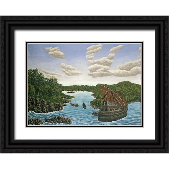 Bauchant, Andre 24x19 Black Ornate Wood Framed with Double Matting Museum Art Print Titled - Santa Maria