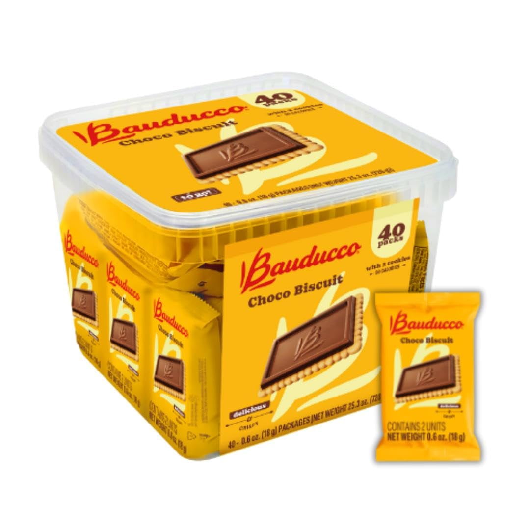 Bauducco Choco Biscuit Cookies, YYF14 25.3 oz (Pack of 40) - Crispy & Delicious Chocolate Cookies, Individually Wrapped for Snacks, Dessert & Lunch Boxes - 2 Cookies per Pack