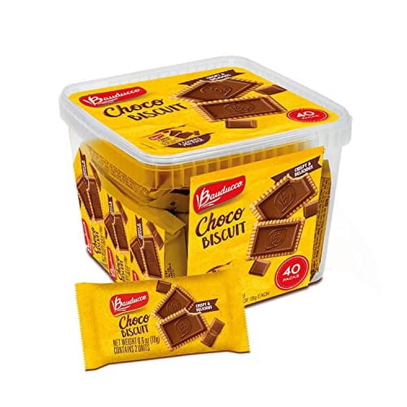 Bauducco Choco Biscuit Cookies -Tub 40 pk - Crispy & Delicious - Great for Snacks, Dessert & Lunch Box  2 cookies per pack, individually wrapped, 25.3 oz (Pack of 40)