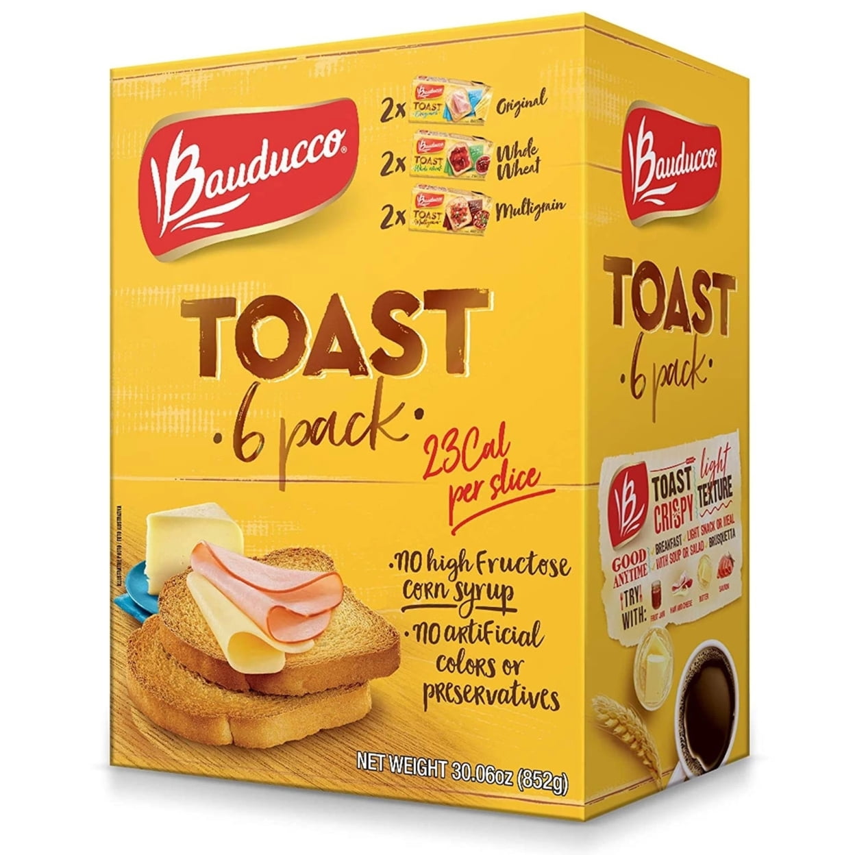 Bauducco Toast, Original, Whole Wheat & Multigrain, Delicious, Light & Crispy Toasted Bread, Breakfast Toast, Great with Peanut Butter & Jelly, No Artificial Flavors, 30.06oz (Pack of 6)