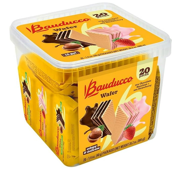 Bauducco WAFER-TO-GO 20 Pack 1.4 oz EACH Chocolate + Strawberry Assortment Crunchy Cream-Filled Snack Wafers Lunchbox / Travel / Party BULK BOX
