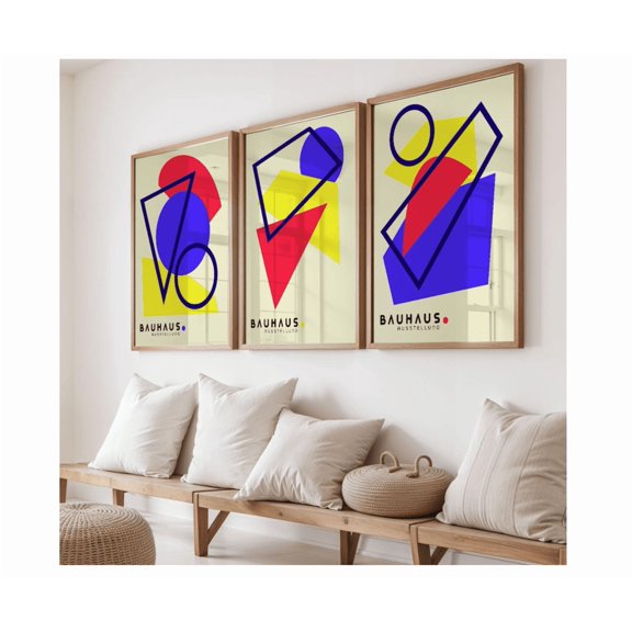 Bauhaus Geometric Triptych, Mid Century Wall Art Set Home Decor Office Wall Art Set 3 Set 3