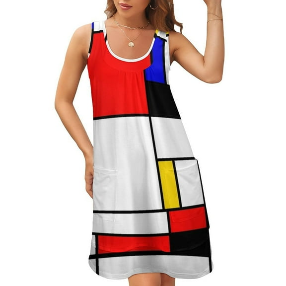Bauhouse Mondrian Style Sleeveless U-Neck Fake Two Piece Dress beach dress women clothes wedding dresses for woman Woman clothes