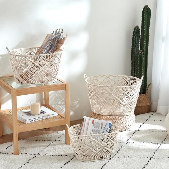 Baum 21A514 Macrame Oval Cotton Rope Storage Bins with Ear Handles & Wood Base, White - Set of 3