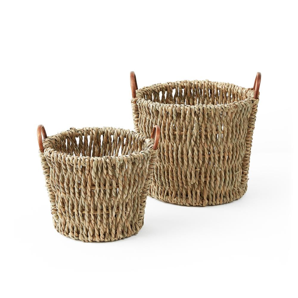 Natural Seagrass and Rattan Round Storage Baskets Set