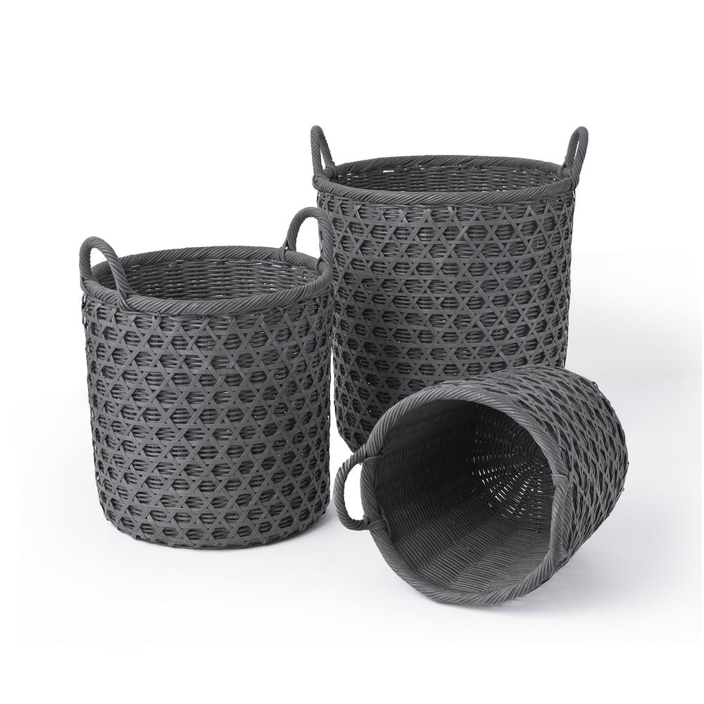 Set of Three Gray Round Rattan and Bamboo Storage Baskets