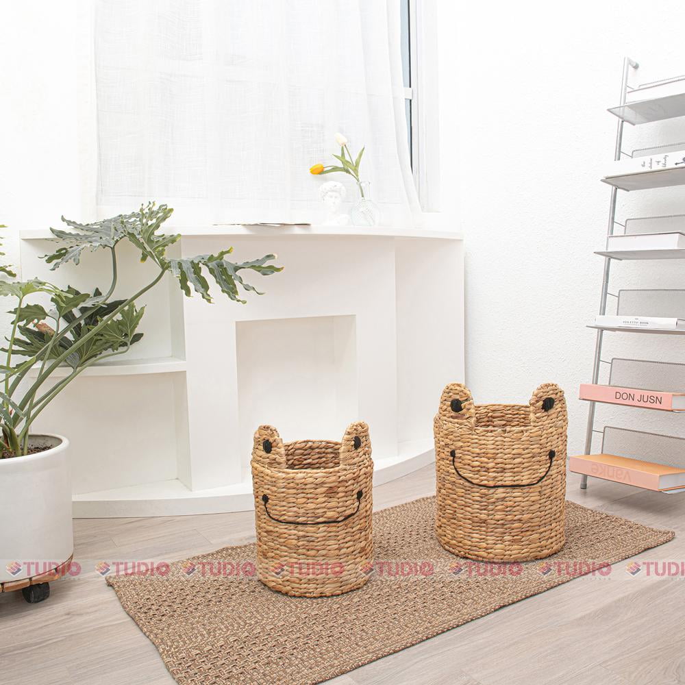 Natural Wicker Round Frog Face Storage Baskets - Set of 2