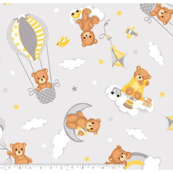 Baum Winterfleece Prints Dreamland by Windham Teddy Bears Hot Air Balloons Moon Stars Clouds Toys Kids Gray Grey Anti-Pill Fleece Fabric Print by the Yard (54595-1) A230.10