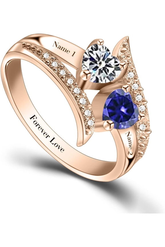 Bauma Personalized Promise Ring for Her Custom Name Ring for Mother with 2 Simulated Birthstones Engraved Couples Name Rings
