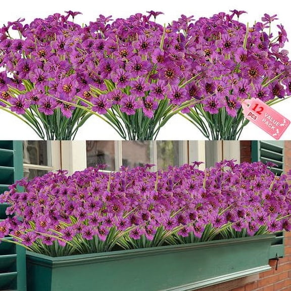 Baumaty 12 Pack Artificial Flowers Outdoor UV Resistant Fake Flowers No Fade Faux Plants Garden Porch Window Box Decorating Purple