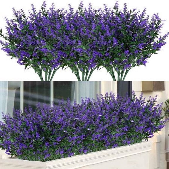Baumaty 24 Bundles Outdoor Artificial Lavender Fake Flowers UV Resistant Shrubs, Faux Plastic Greenery for Indoor Outside Hanging Plants Garden Porch Window Box Home Wedding Farmhouse Decor (Purple)