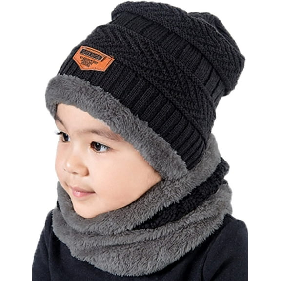 Baumaty 2Pcs Kids Winter Knitted Hats+Scarf Set Warm Fleece Lining Cap for 5-14 Year Old Boys Girls (Black)