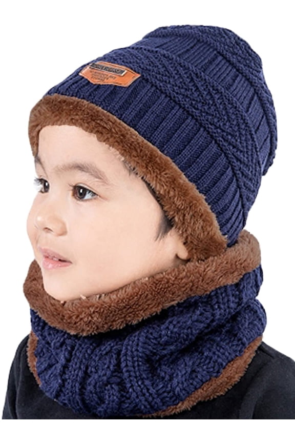 2Pcs Kids Winter Knitted Hats+Scarf Set Warm Fleece Lining Cap for 5-14 Year Old Boys Girls (Blue)
