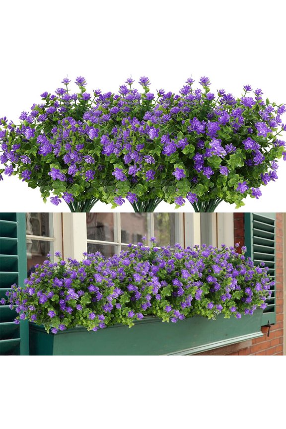 6 Bundles Outdoor Artificial Flowers UV Resistant Boxwood Plants, Greenery for Indoor Outside Hanging Garden Porch Window Box Home Wedding Farmhouse Decor (Purple)
