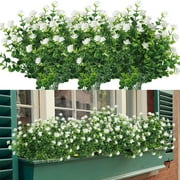 Baumaty 6 Bundles Outdoor Artificial Flowers UV Resistant Fake Boxwood Plants, Faux Greenery for Indoor Outside Hanging Garden Porch Window Box Home Wedding Farmhouse Decor (White)