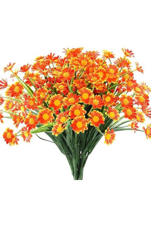 8 Bundles Artificial Daisy Mums Flowers Outdoor Fake Fall Flowers for Decoration No Fade Faux Plastic Autumn Flower Garden Porch Window Box Decor (Orange Red)